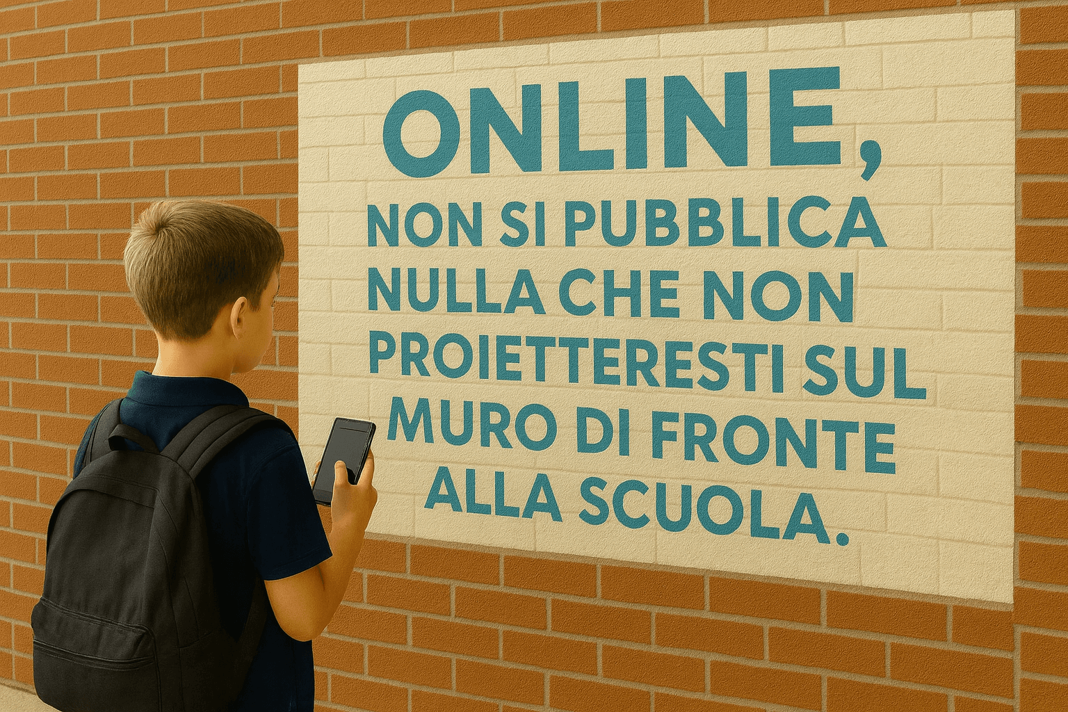 Bambino davanti a un muro che legge un messaggio educativo sul digitale, simbolo della regola del muro per un uso consapevole dello smartphone.
